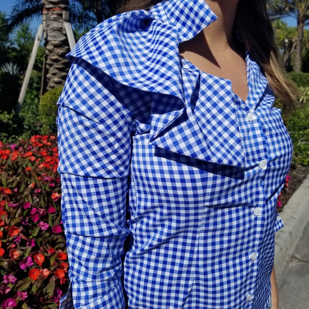 Blue White Gingham Side Ruffle Collar Top